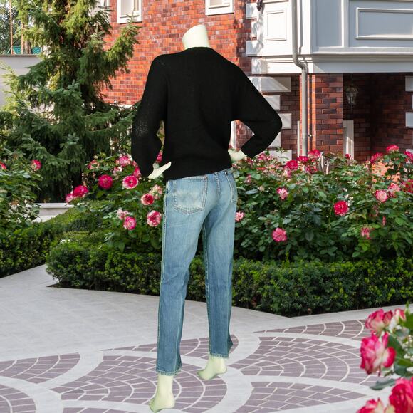 Vintage Chevron Black V Neck Pullover Knit Sweater S - Picture 2 of 4